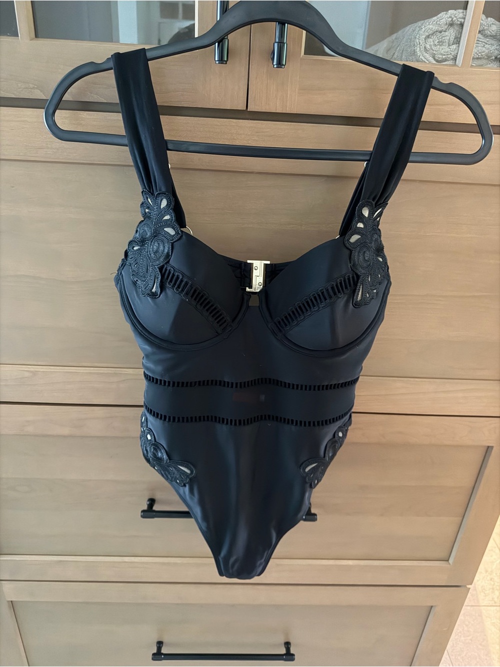 Black Floral-Appliqué One-Piece Swimsuit with Structured Cups